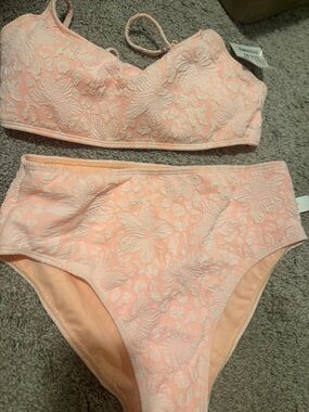 High-Waist Bikini Set in Soft Peach with Floral Texture